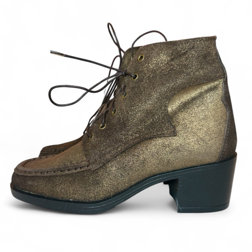 Scruples Lace Up Ankle Boot Moc-toe Metallic Distressed Bronze Gold Western Sz 8 - Picture 2 of 9
